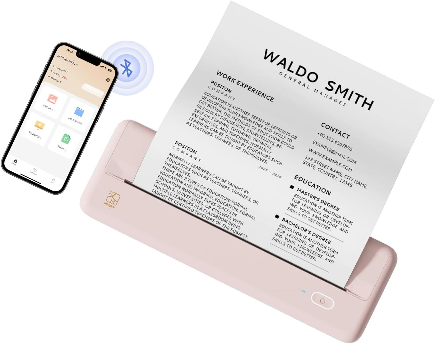 Wireless Portable Printers - A4 Thermal Printer for Travel, Mobile Office, School, Home - Bluetooth Printer Compatible with Ios Android Phone & Laptop, Pink